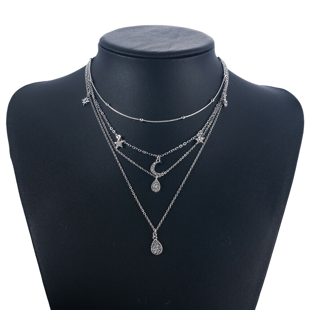 Women Multilayer Choker Pendant Necklace Crystal Star Moon Chain Jewelry Gift