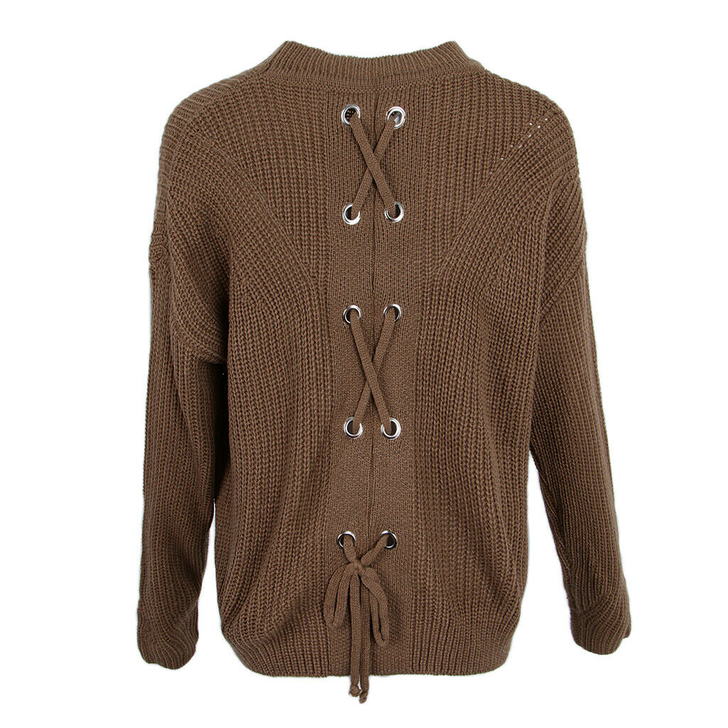 Womens Lace up Back Long Sleeve Crew Neck Knitted Sweater Loose Pullover L