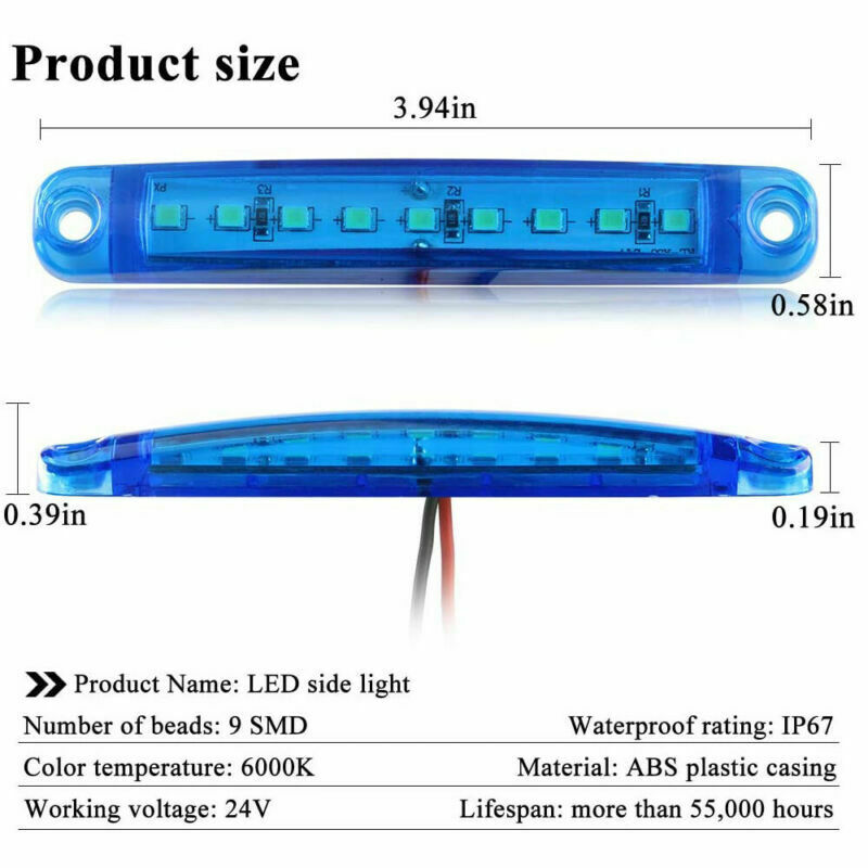 20X Blue 9 LED Sealed Side Marker Clearance Light 24V Car Truck Trailer Lorry