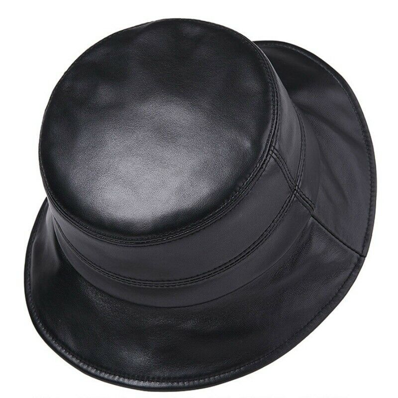 Unisex Bucket Bush Fishing Hat Cap Sheepskin Leather Black Wide Brim Winter Warm