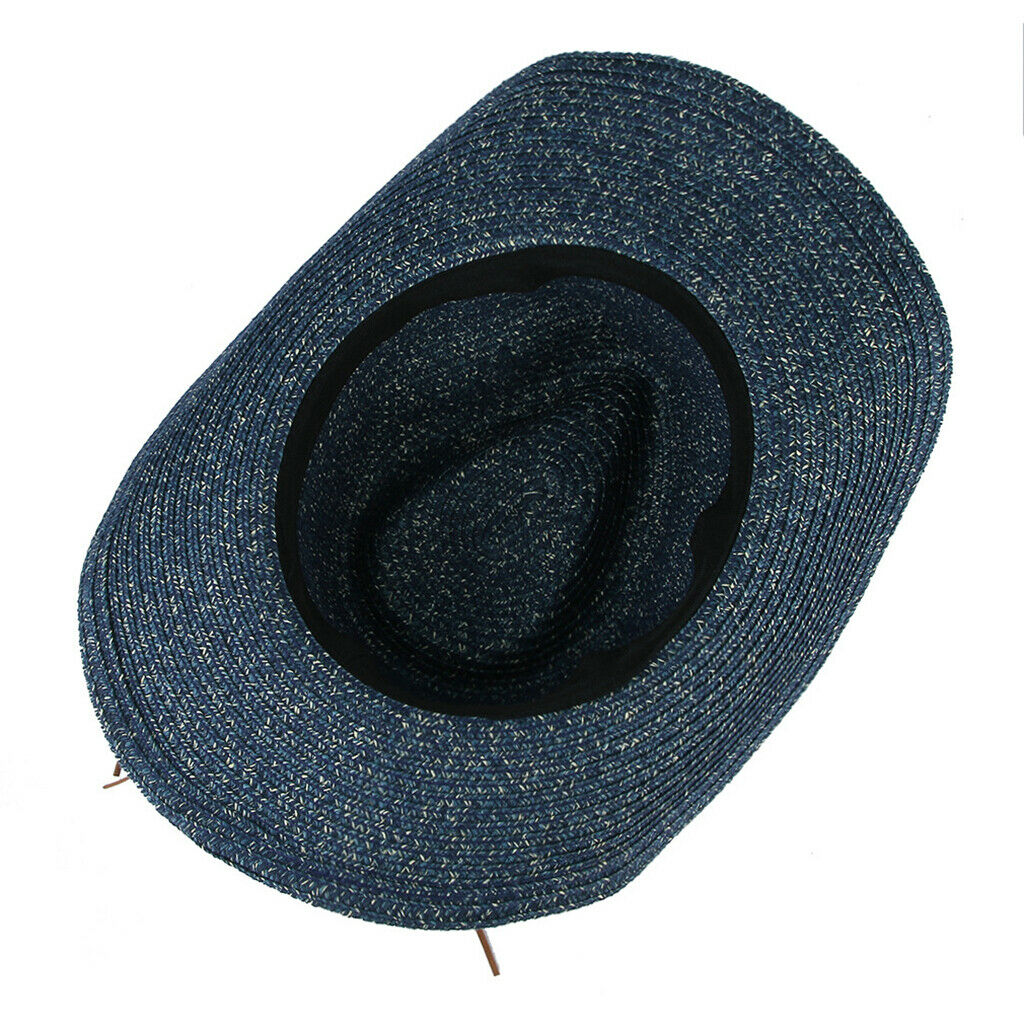 Unisex Western Style Straw Cowboy Cowgirl Hat Wide Brim Sun Hat Navy