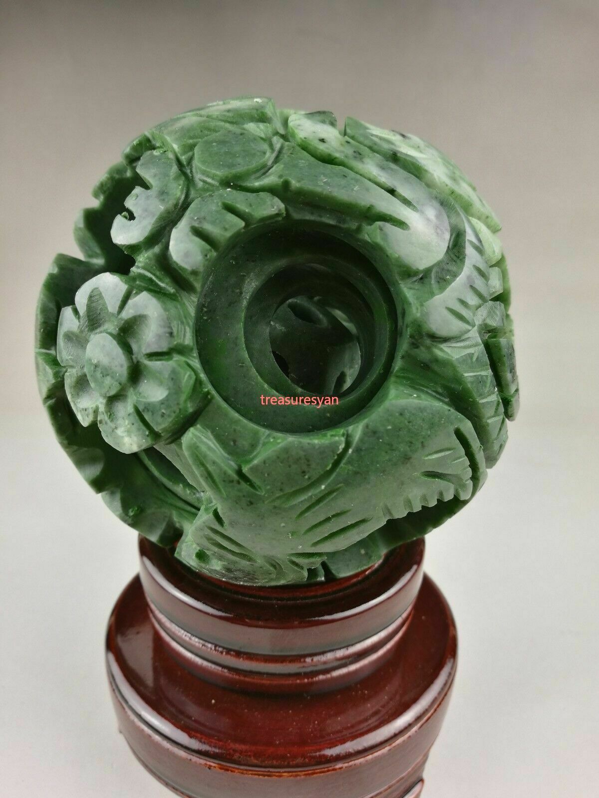 Chinese old green jade carved fengshui dragon ball magic with wood base