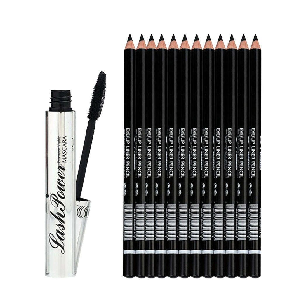 12Pcs Waterproof Eye Shadow Eyeliner Pencil Pen+Volume Curling Black Mascara