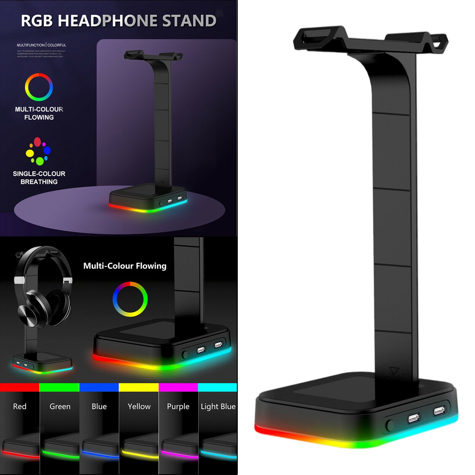 RGB Gaming Headphones Stand Desk Dual Headset Hanger Holder Base Display