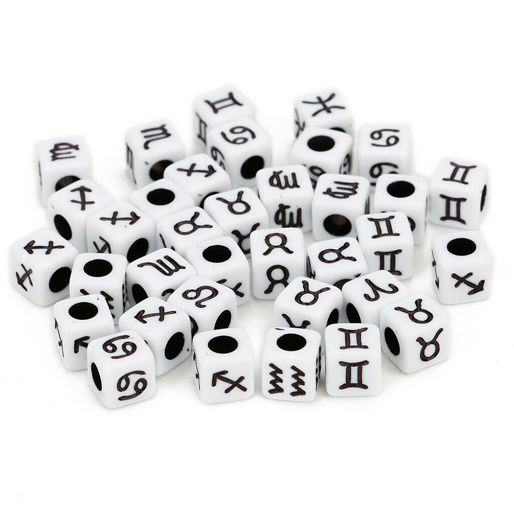 100x Black Acrylic Cube Beads with Zodiac Designs DIY Jewelry Charm
