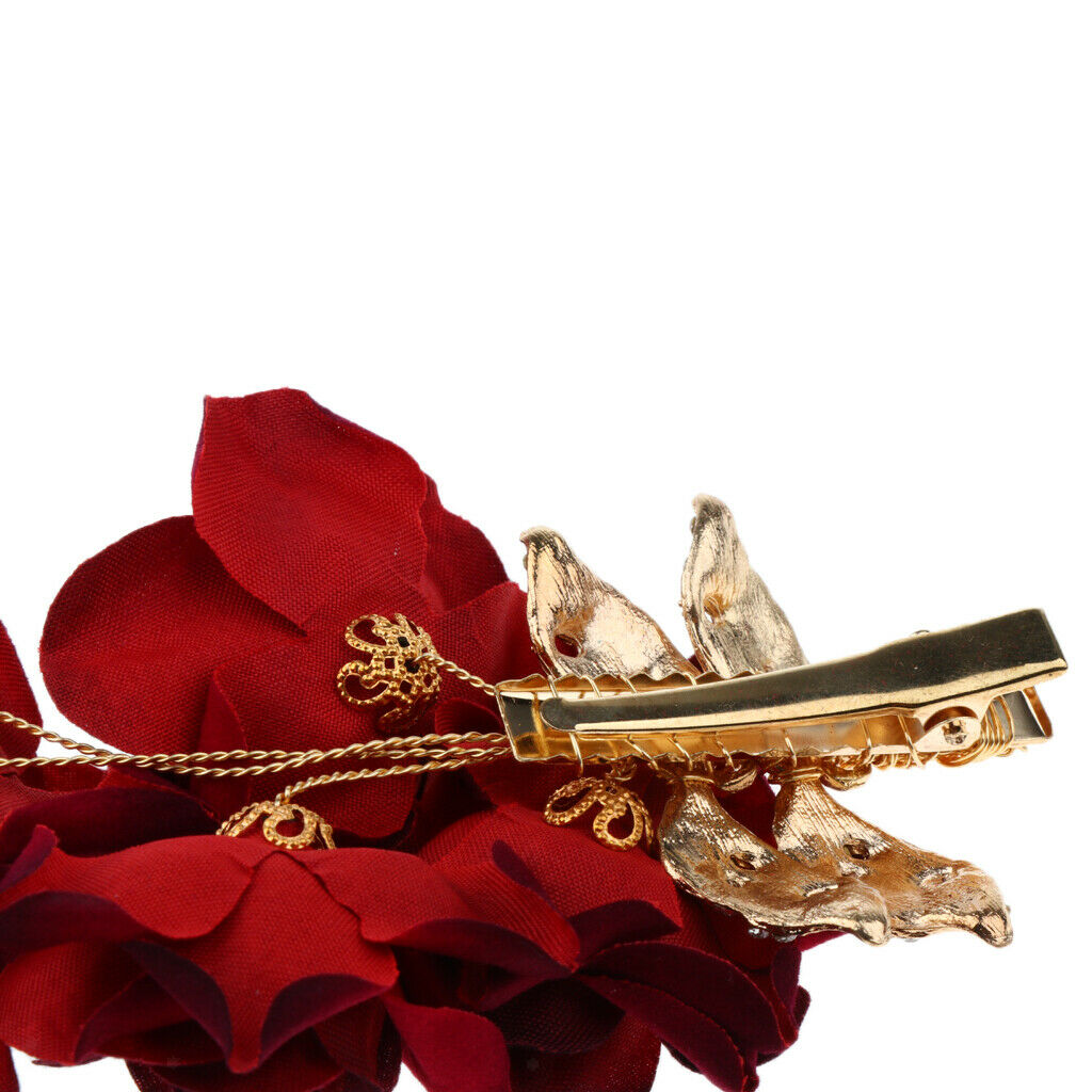 15x7cm Red Cloth Rose Wedding Hair Pins for Brides with Bling Rhinestones