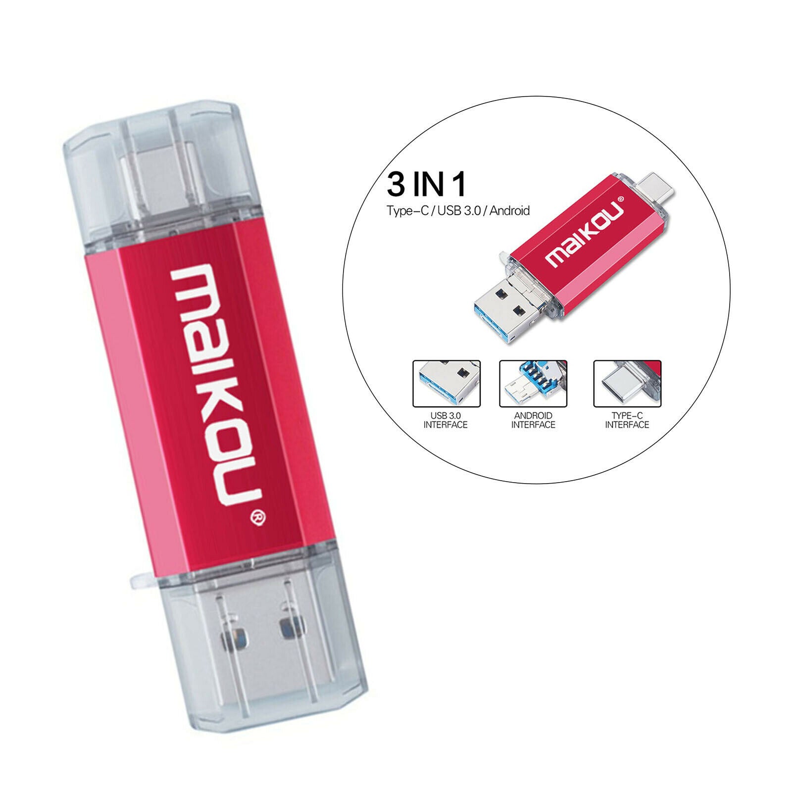 64G USB Flash Drive Type-C&Micro USB Memory Stick for IOS/Android Red
