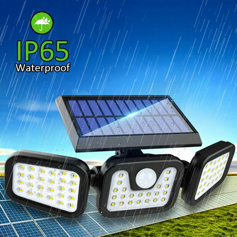 74LED 3 Heads Outdoor Solar Motion Sensor Flood Light Garden Pathways Wall Lamp