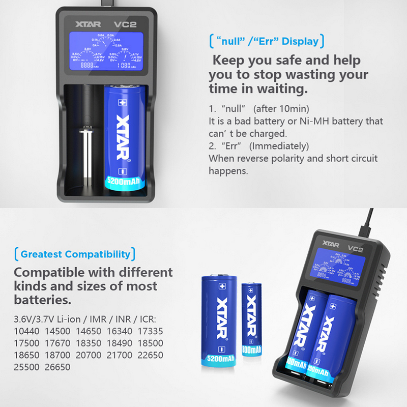 For XTAR VC2 Battery Fast Charger USB LCD Display for 18350 20700 21700 18650