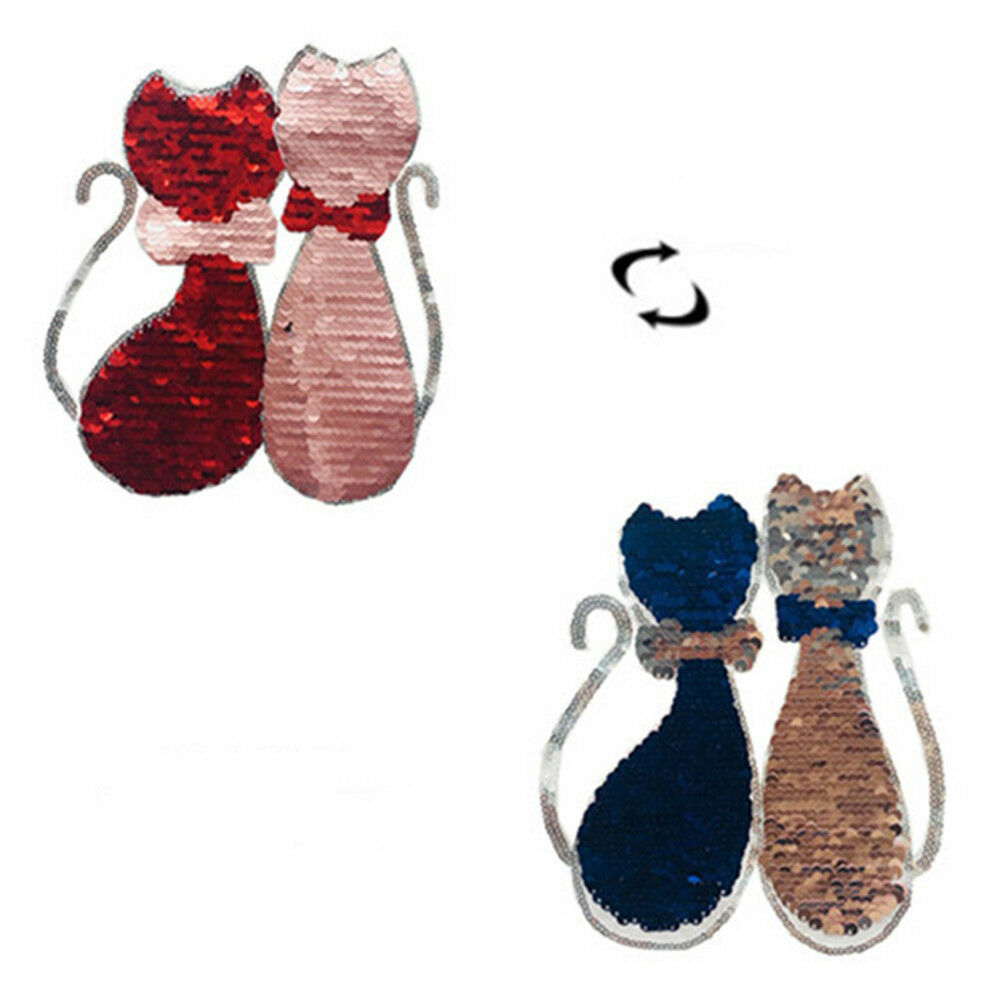 Sequins Lover Cat Patches on T-shirt Garment Sequined Applique Crafts GrY1