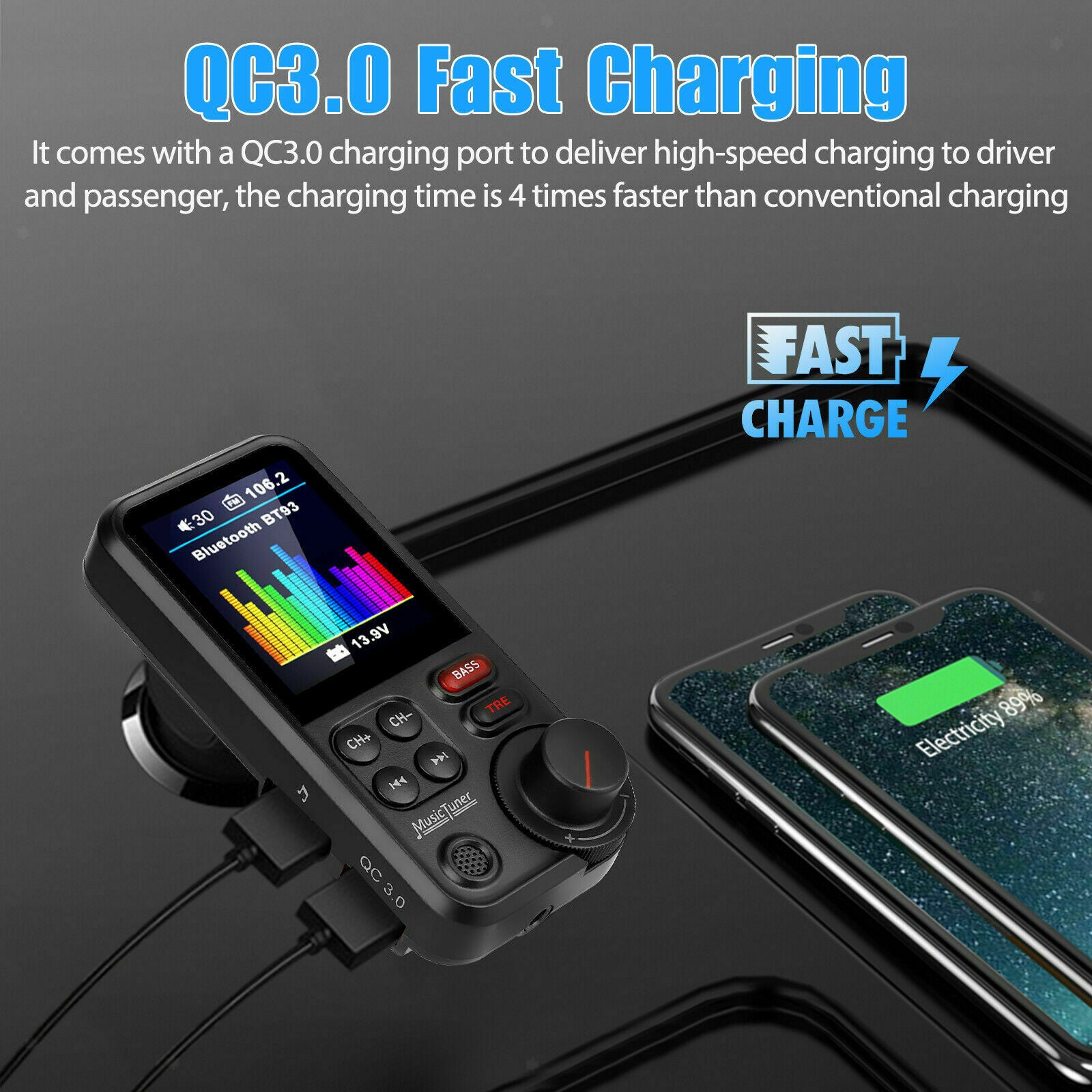 Car FM Bluetooth Transmitter High Bass Equalizer MP3 Player USB Charger