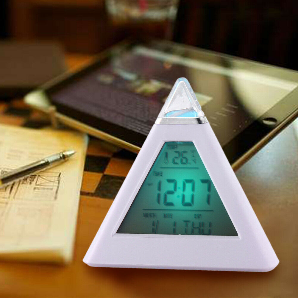 New 7 LED Color Pyramid Digital LCD Alarm Clock Thermometer @