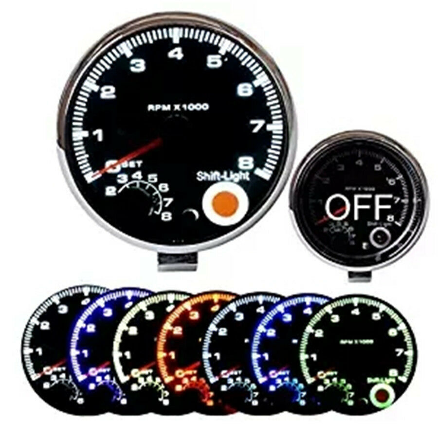 3.75" Chrome 7 Colors Background LED Tachometer Red LED Shift Light RPM X 1000