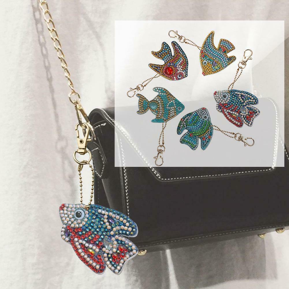5pcs DIY Cartoon Fish Diamond Painting Keyring Cross Stitch Keychain Decor @