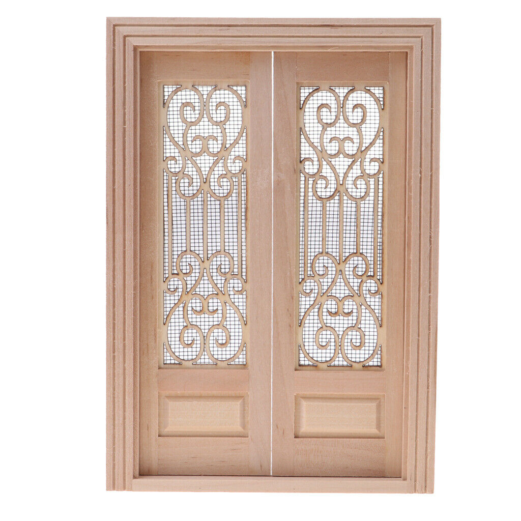 12th Mini Exquisite DIY Unpainted External Wooden Double Door Furniture Accs