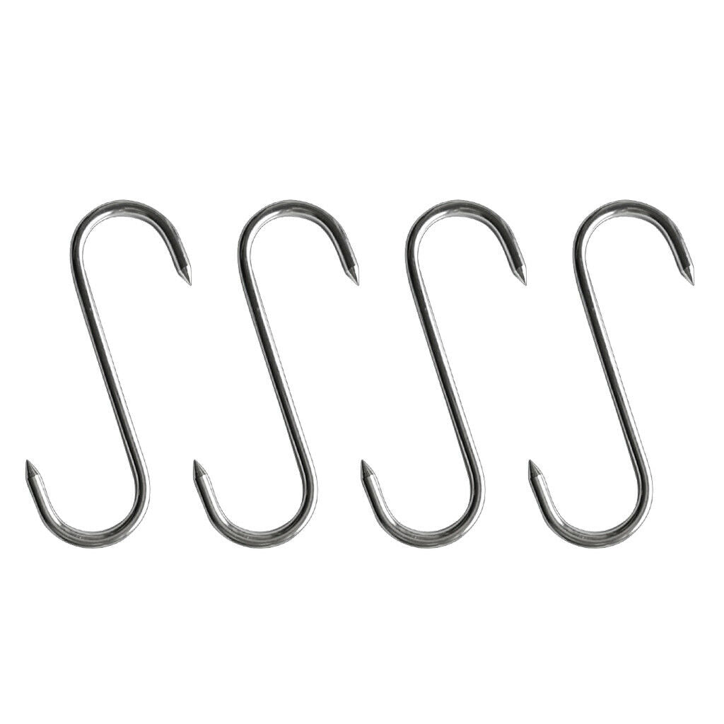 Lot of 4, Large S Shaped Stainless Steel Metal Hooks Kitchen Meat Hanger