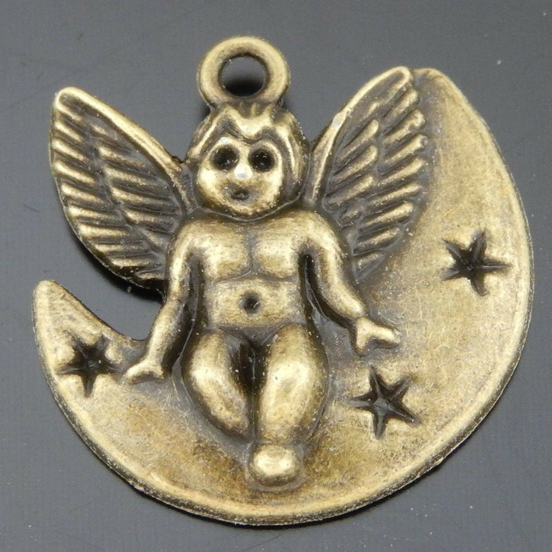 16 pcs Antiqued Bronze Alloy Moon Angel Cute Charm Pendant Findings 22*21*3mm