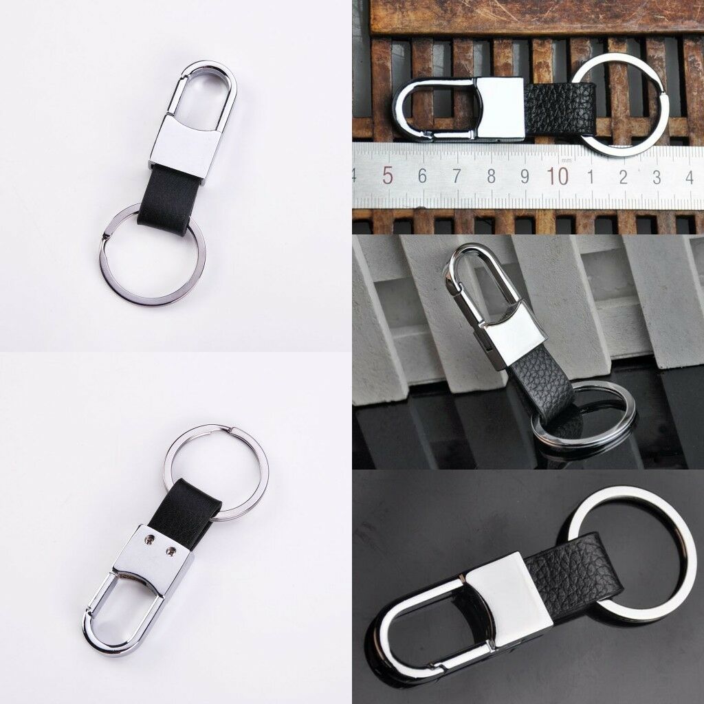Portable Men Alloy Metal Keychain Black Leather Strap Keyring Key Chain Key Fob