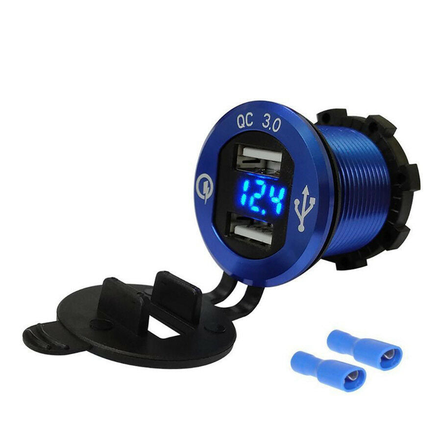 1x Aluminum Motorcycle 2 USB Charger With Blue LED Digital Display of Voltage