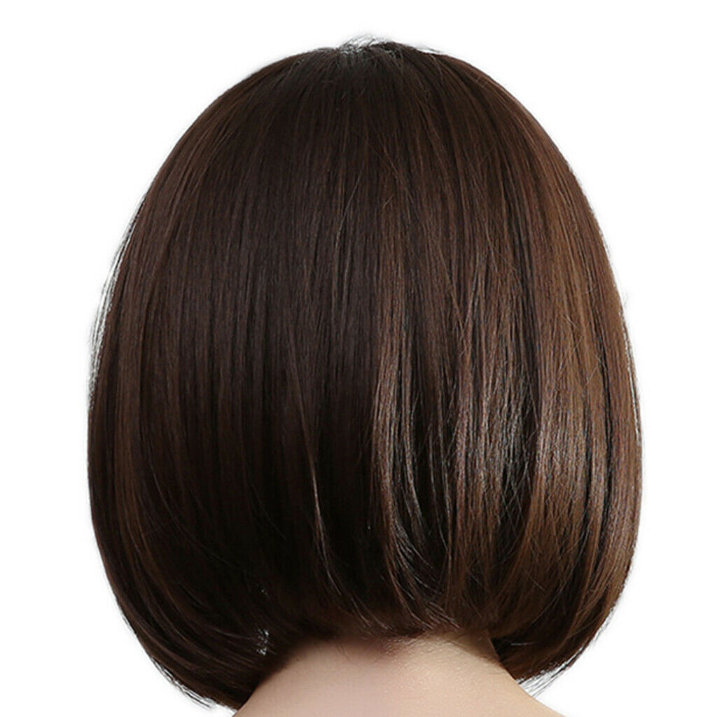 12'' Short Bob Wigs Costume Dating Party Full Wig with Neat Bangs Dark Brown
