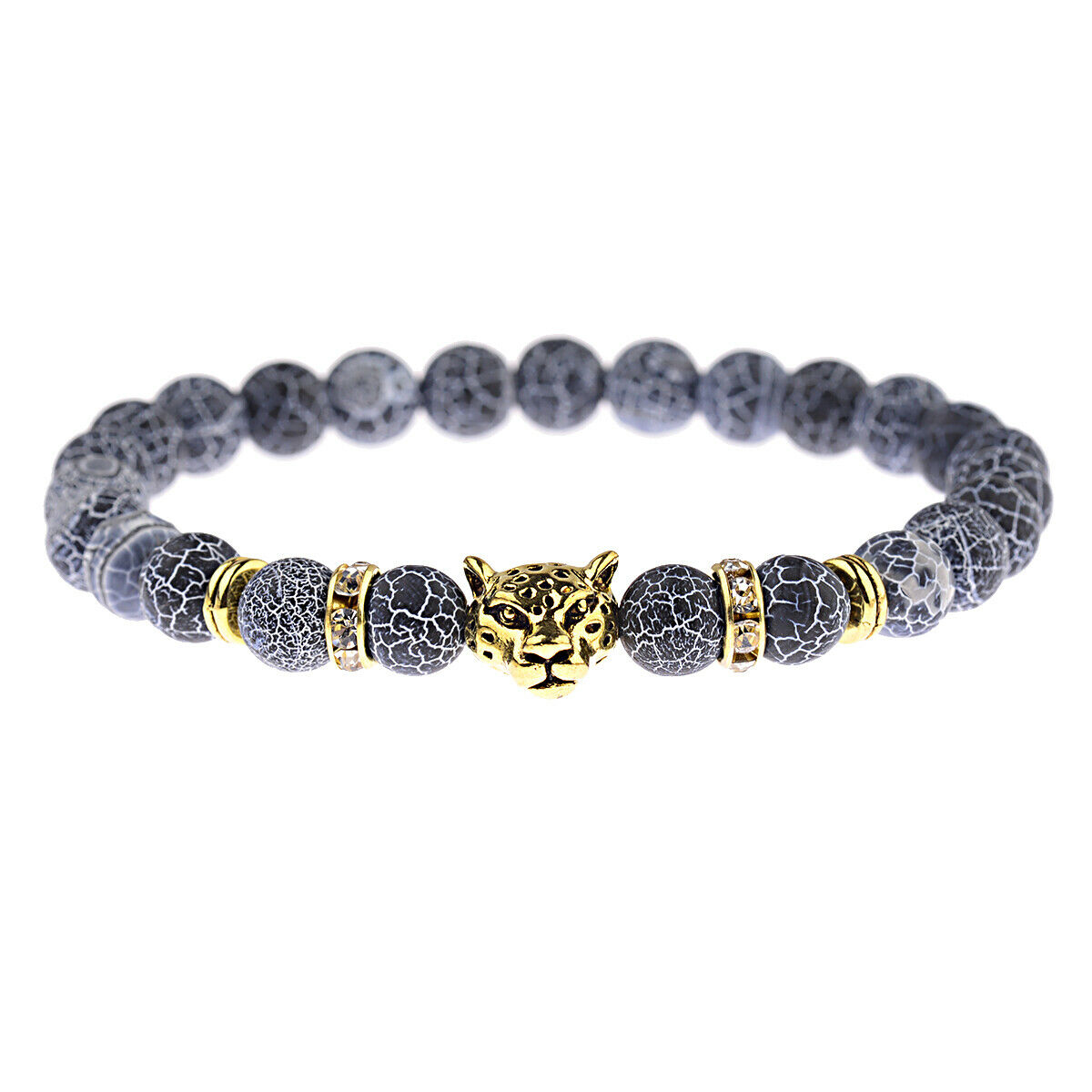 Fashion Man Leopard Head Beaded Bracelets Lava Rock Stone Beads Energy Bracelets