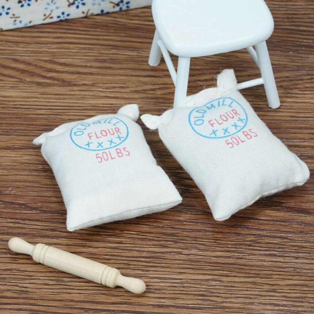 1/12 Simulation Two Bags Flour Sack Rolling Pin Kitchen Room Ornaments
