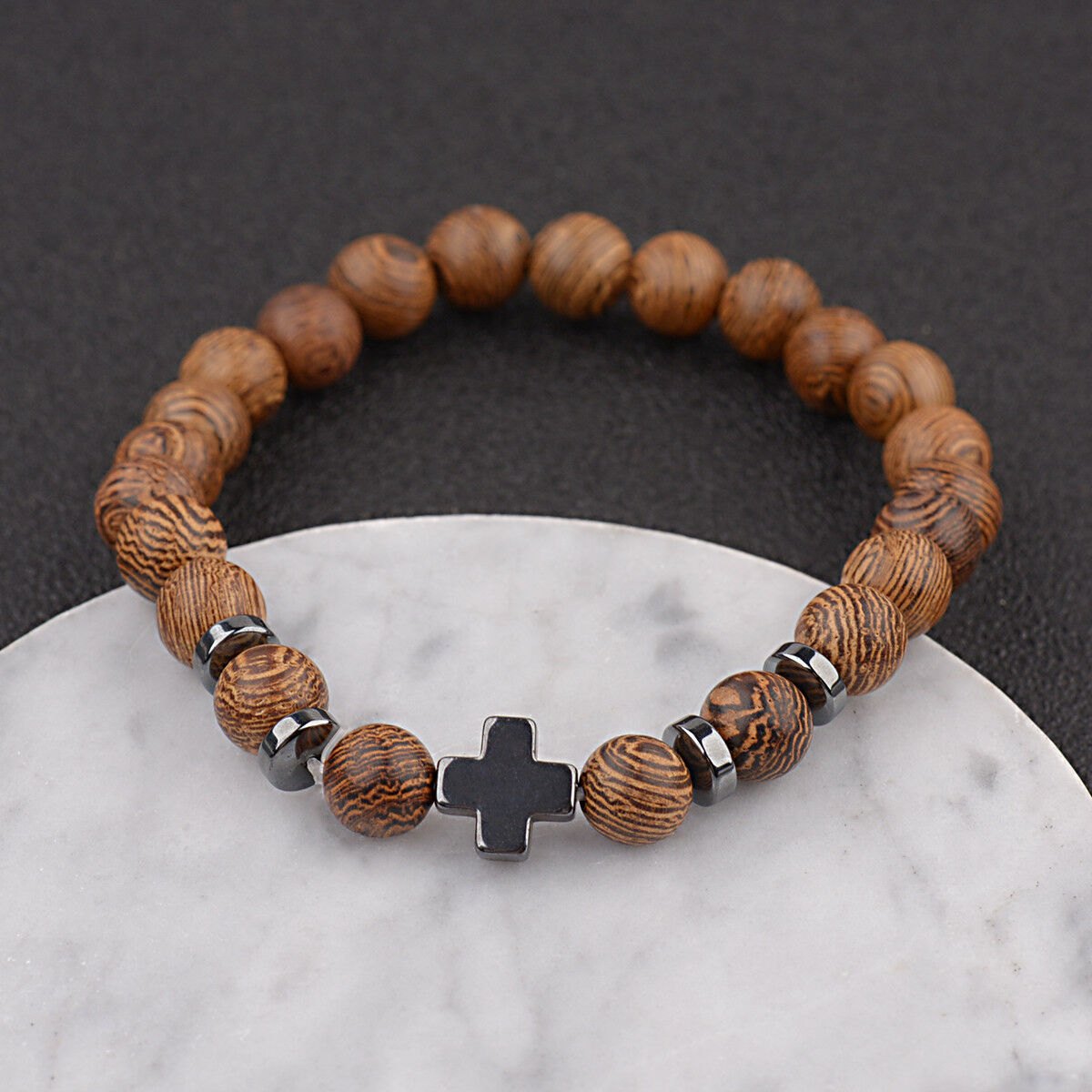Hot Hematite Cross Wooden Bracelets Stretchy Bracelet Beads Wooden For Men Women