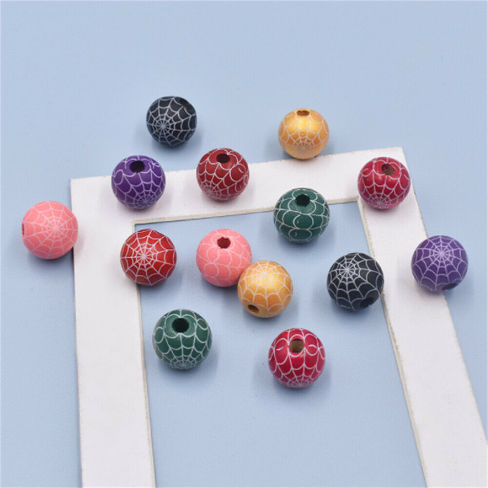 20 Mix Halloween Spider Web Printed Round Beads Wood For Jewelry DIY Crafts 16mm