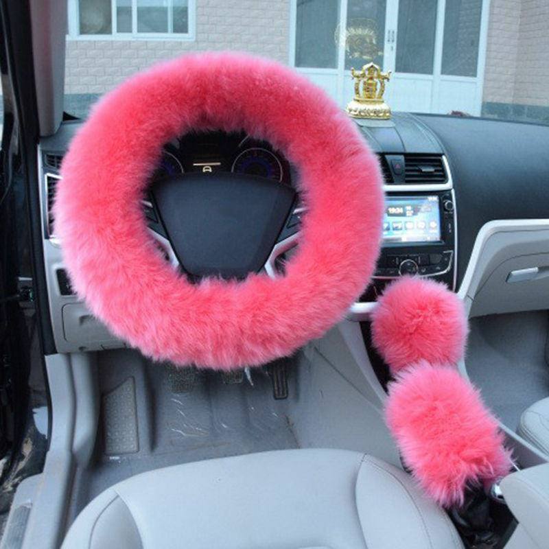 1Set Pink Furry Car Steering Wheel Cover + Shifter Cover + Parking Brake Cover