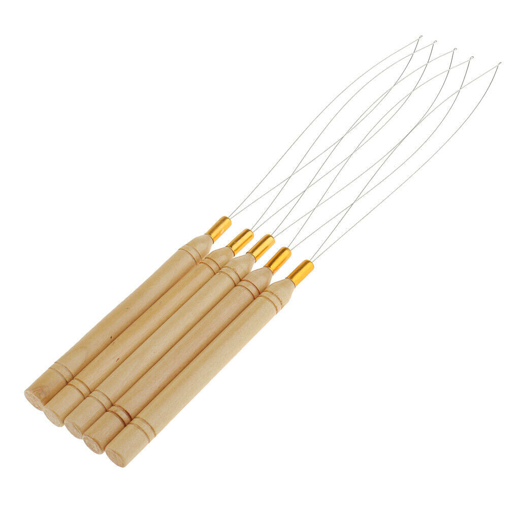5Pcs Micro Rings Wooden Handle Loop Needle Hair Extension DIY Hook Tool