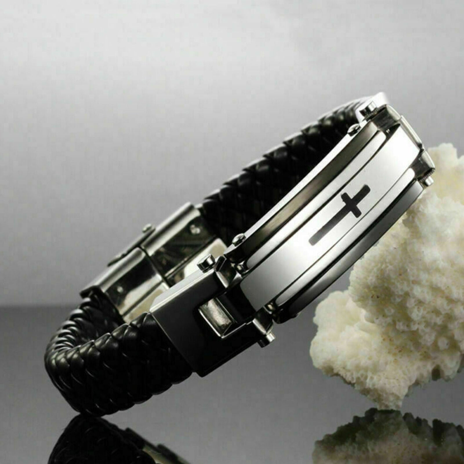 Black Leather Braided Stainless Steel Cross Men's Charm Bracelet Wristband Cuff