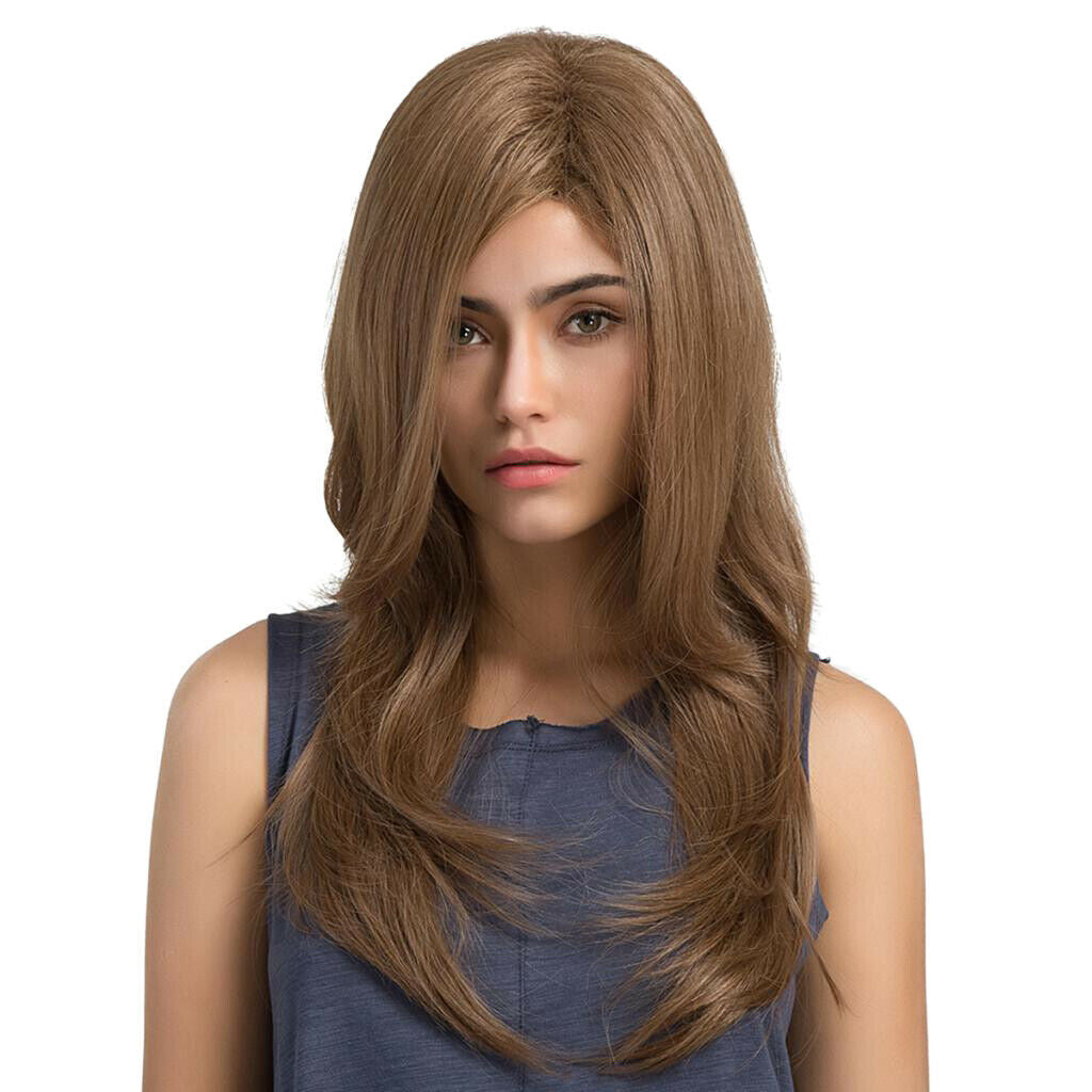 Women Side Parting Brown Long Natural Wave Straight Synthetic Hair Full Wig