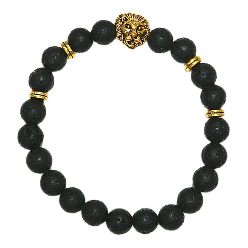 Fashion Women Men Black Lava Stone Beaded Charm Bracelet Jewelry Lion Head