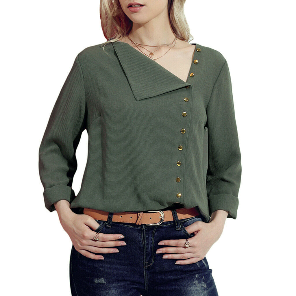 Solid Chiffon Turndown Collar Asymmetric Button Long Sleeve Blouse L Green
