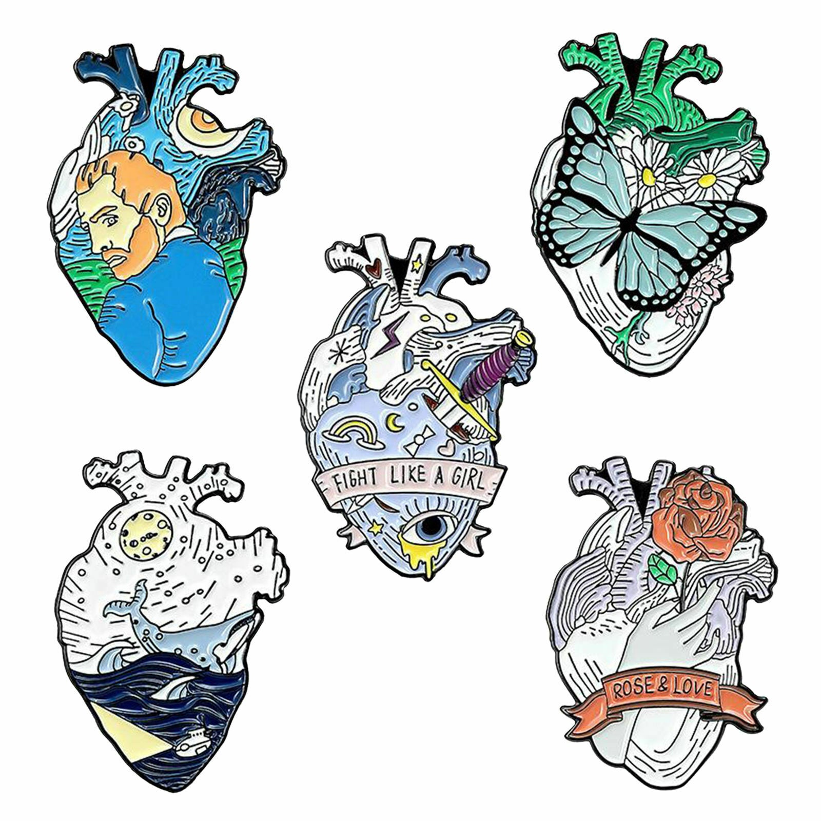 Pack of 5 Organ Heart Enamel Pins Brooch Badge for Bag Clothes Jewelry Gift