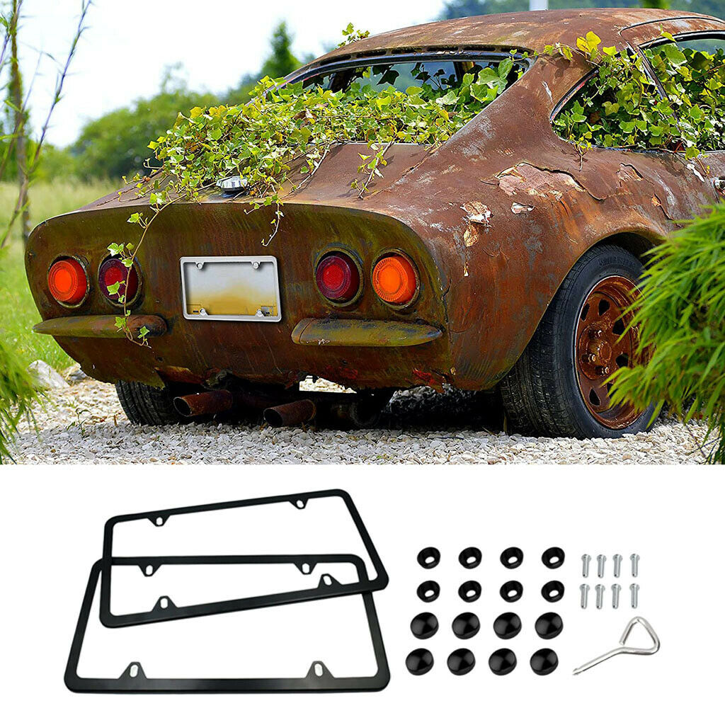 2 Pieces Metal License Plate Frames 4 Holes w/ Screws Caps For Front & Rear