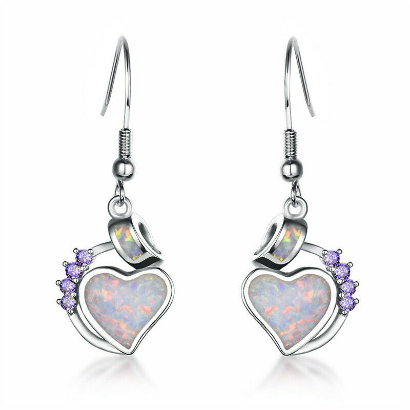 Women White Crystal Simulated Opal Heart Jewelry Hook Drop Dangle Earrings