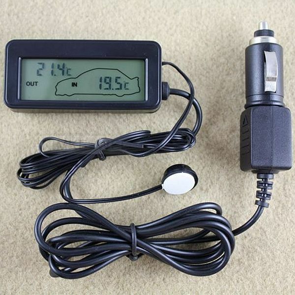 Indoor Out LCD Car Thermometer Blue Backlight - Black