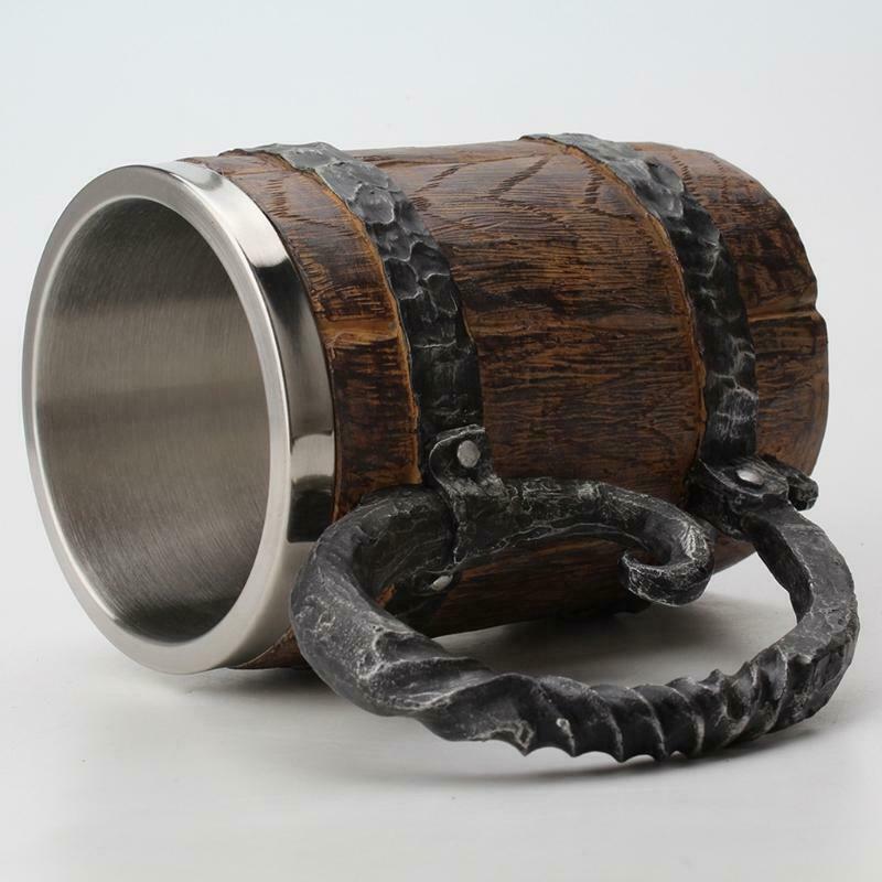 Wooden Barrel Beer Mug,Bucket Shaped Drinkware With Handle,Stainless Steel Doubl
