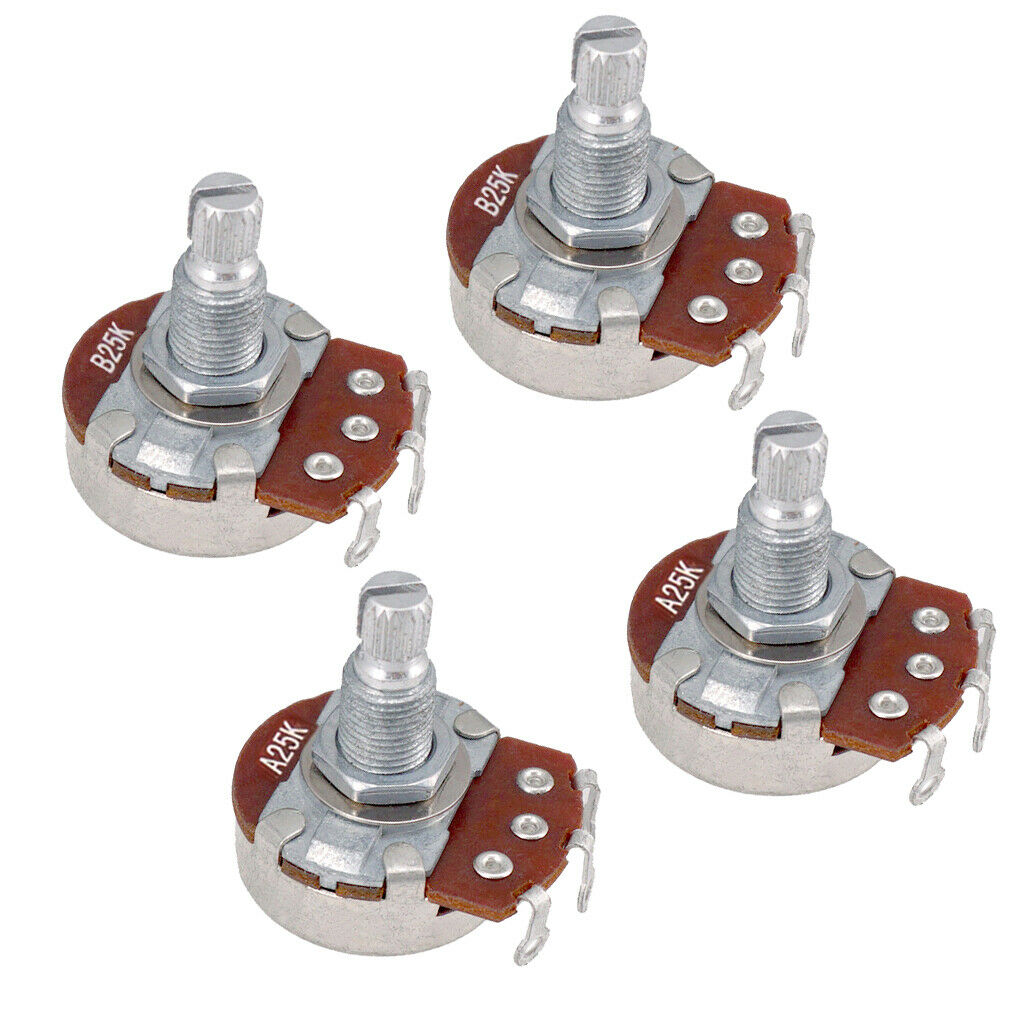 Set of 4 A25K/B25K Long Split Shaft Audio Taper Low Friction Potentiometers