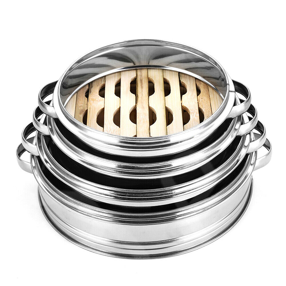 Stainless Steel Food Steamer Basket with Bamboo Bottom 4 Tier 6.3" with Lid