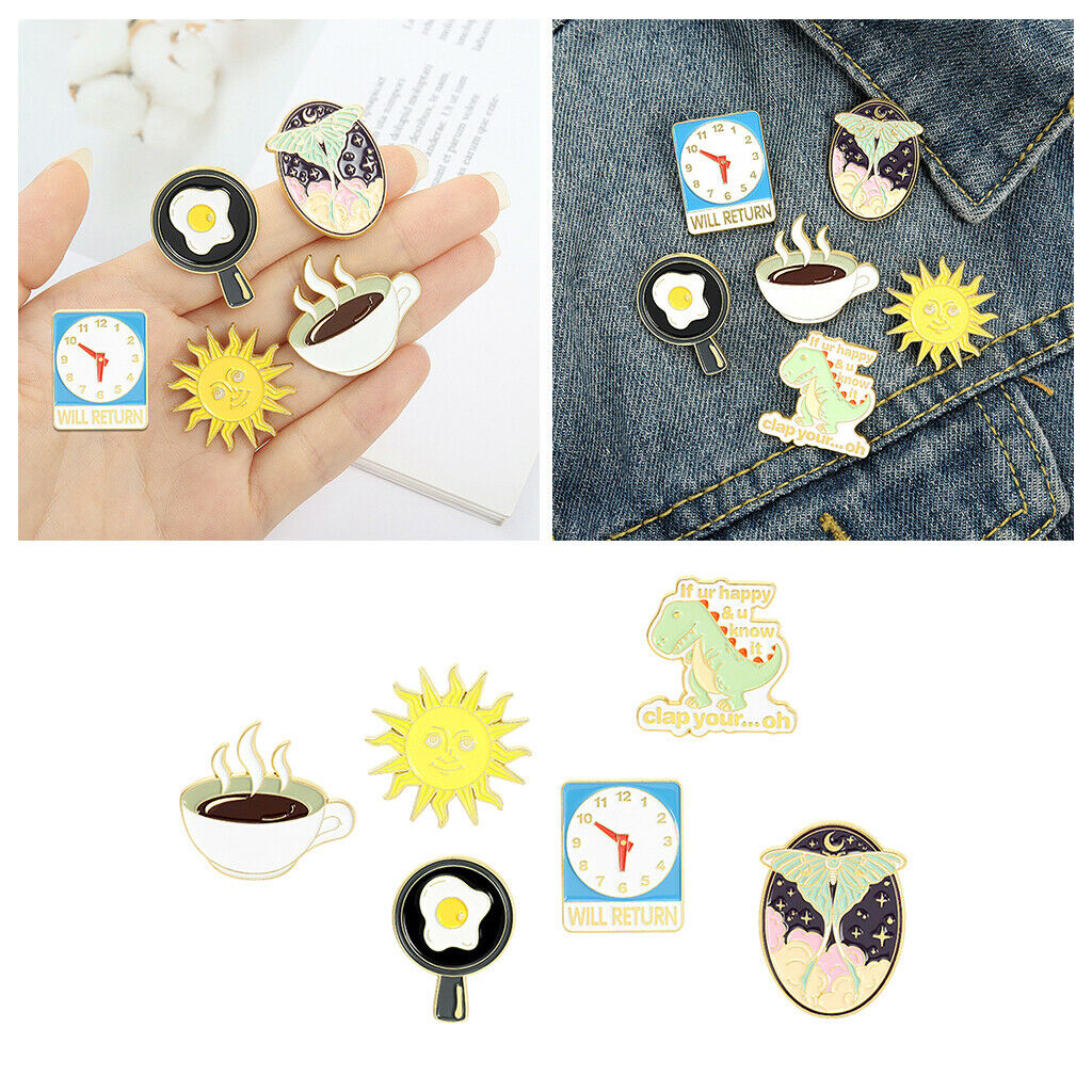 Enamel Pins Clock Fried Egg Sun Brooch Bag Clothes Lapel Pin for Kids 6 Pcs