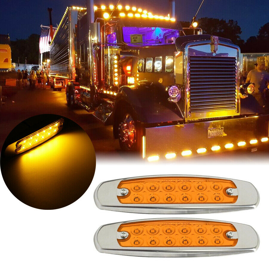 2X Yellow 12 LED Sealed Side Marker Clearance Light Fish Shape Truck Trailer 12V