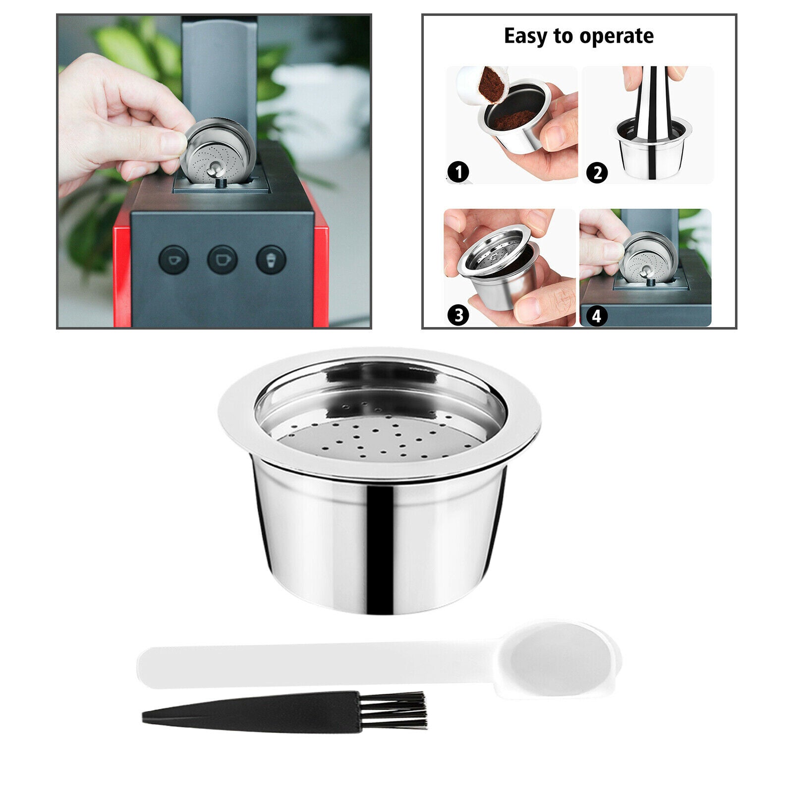 Metal Reusable Refillable Coffee Capsule Pod Brush Spoon Fits ALDI 3Pcs Set