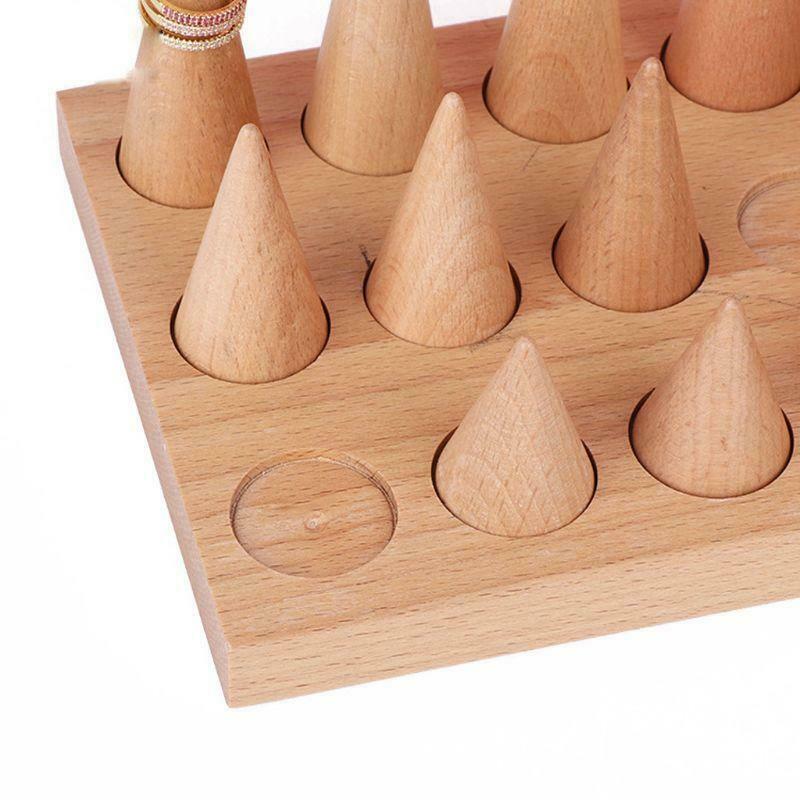 Natural Wood Finger Ring Stand Jewelry Display Holder Showcase Bracelets Display