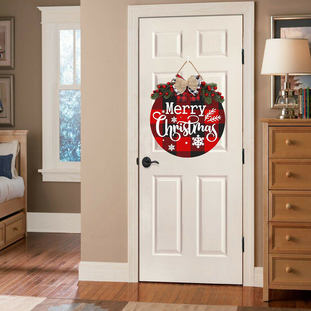 Christmas Round Wooden Door Wreath Sign Welcome Artificial Leaf Bowknot Decor
