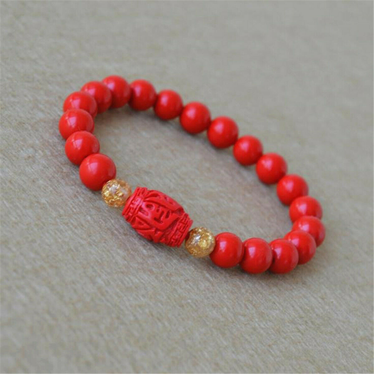 Chinese 8MM Natural Red Organic Cinnabar Elastic Bracelet Lucky Amulet Gift