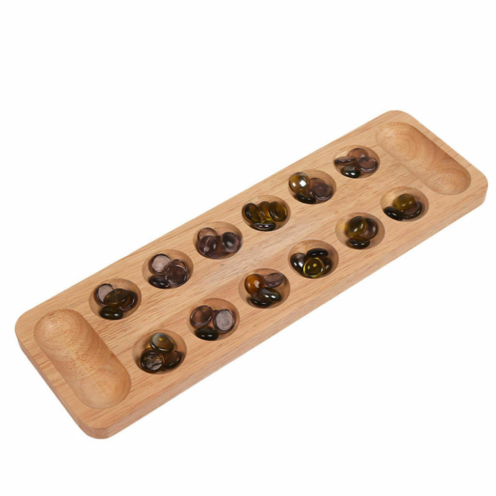 Portable Classic Wooden Mancala Board Game w/ 48 Glass Stones Set Strategy Game