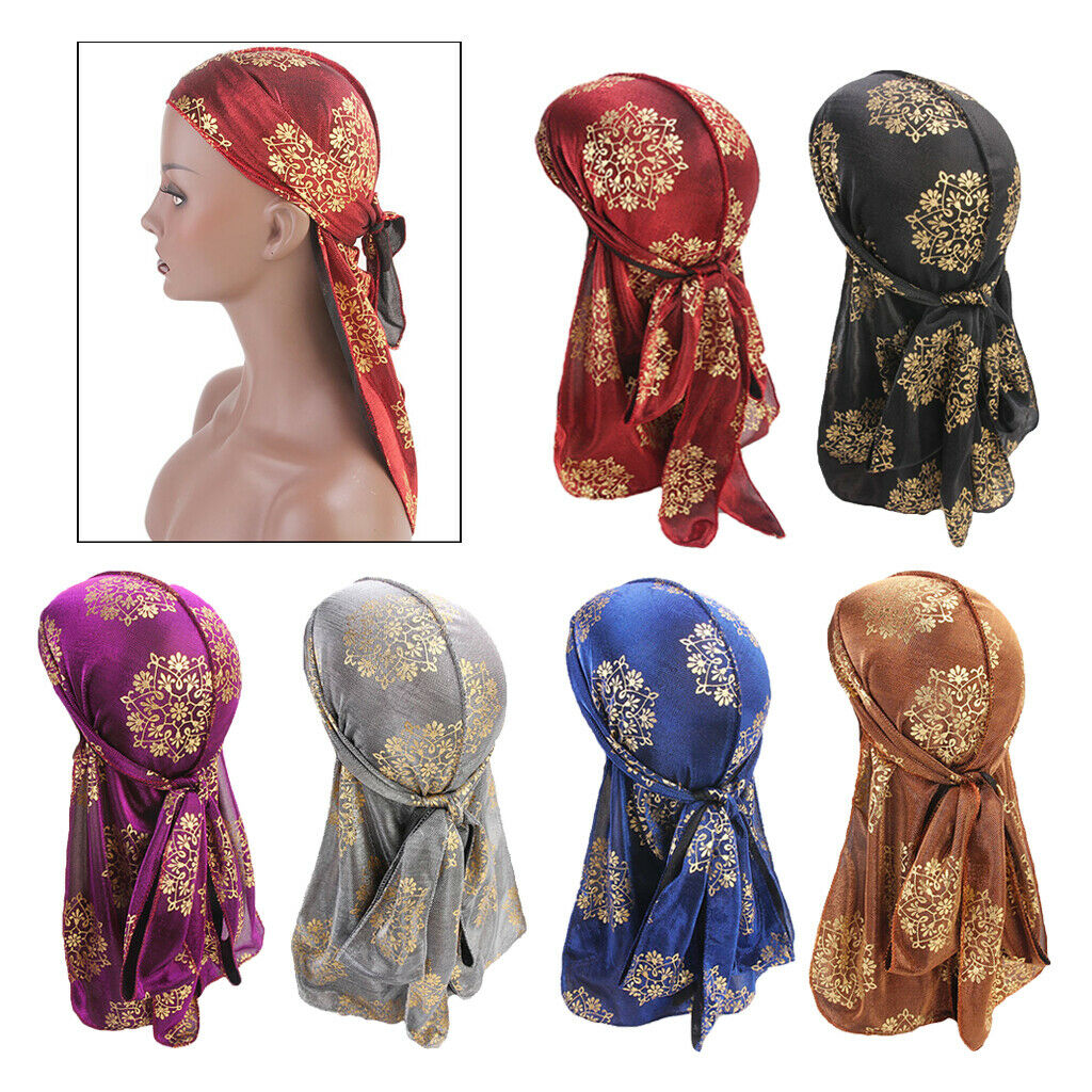 Men Women Silky Print Bandana Hat Durag Long Tail Headwrap Headwear Purple