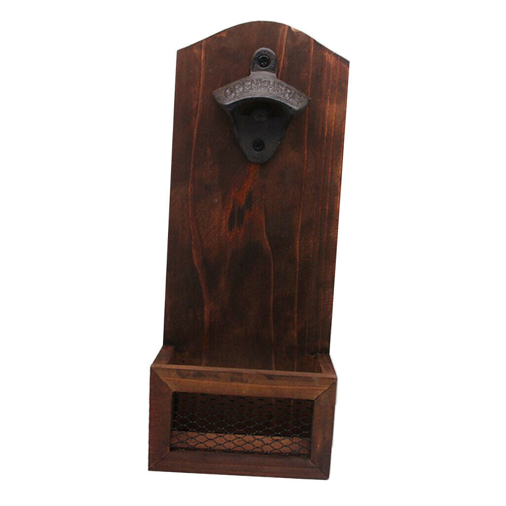 Home Bar Pub Novelty Wood Wall Bottle Opener w/   Catcher Organizer Holder